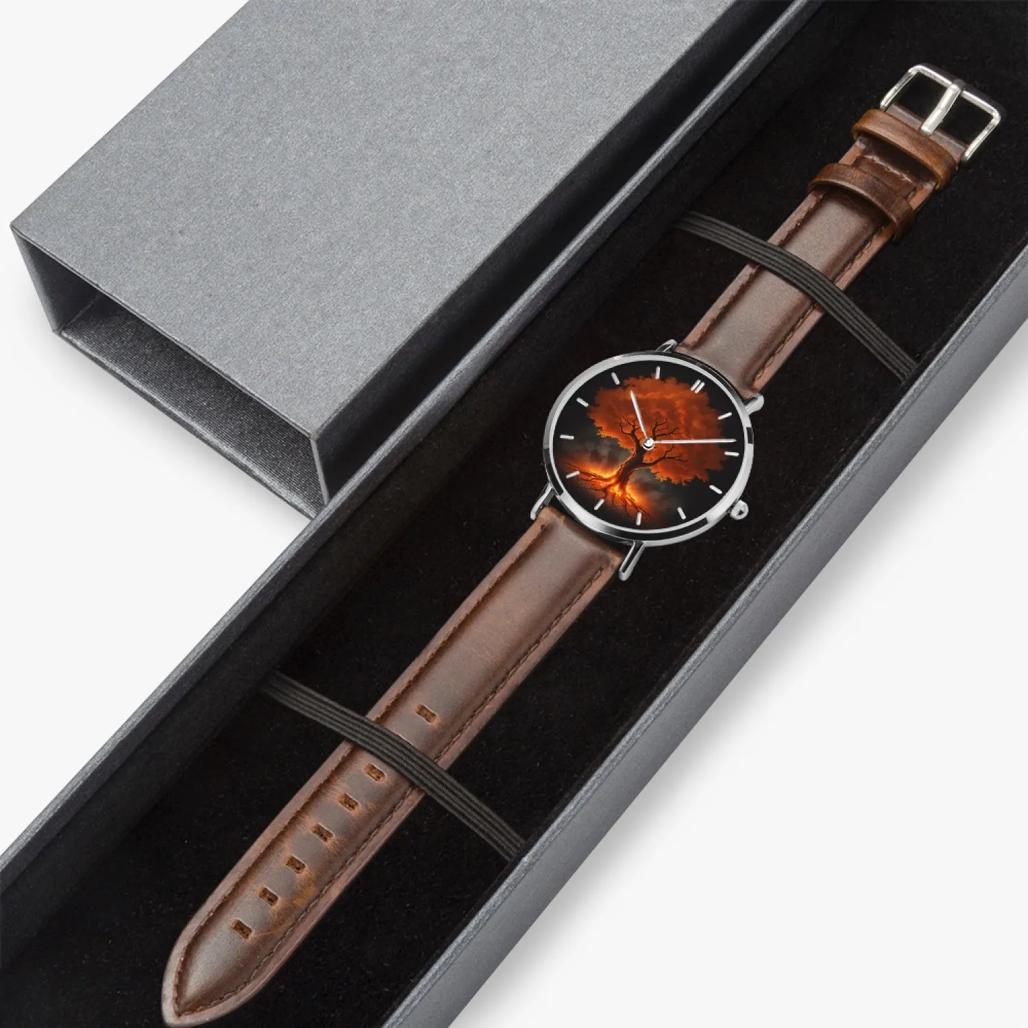 Montre à quartz avec bracelet en cuir ultra-fin (argent avec indicateurs) "Arbre rouge" (165)