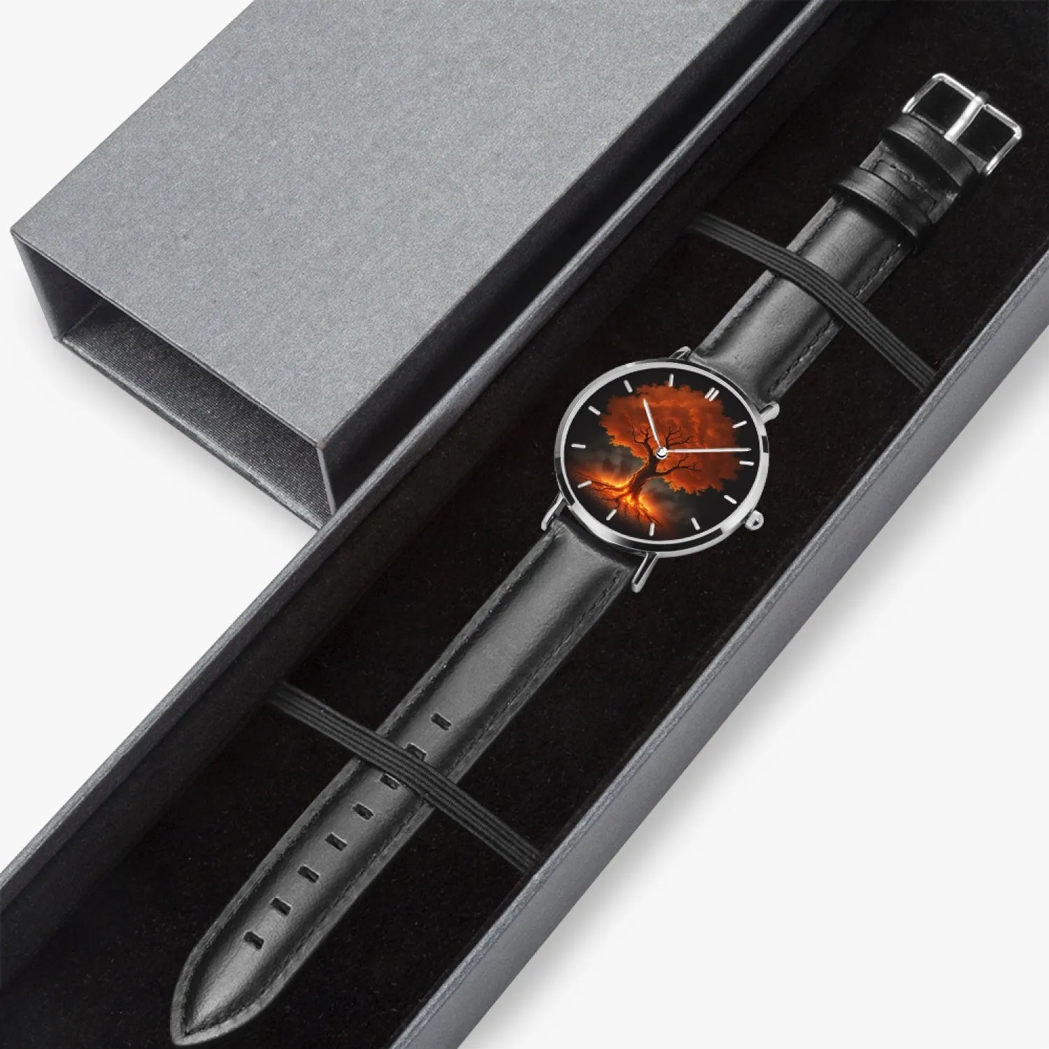 Montre à quartz avec bracelet en cuir ultra-fin (argent avec indicateurs) "Arbre rouge" (165)