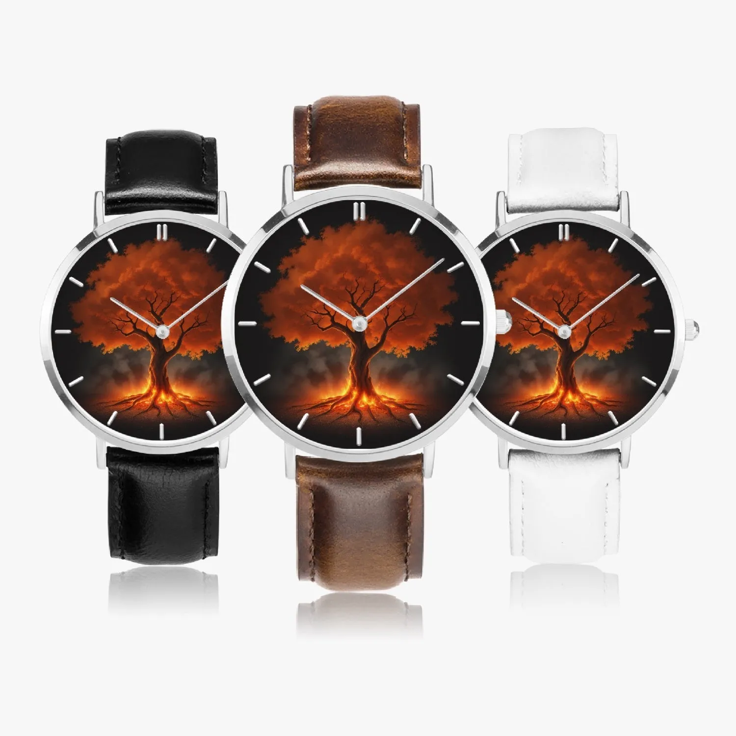 Montre à quartz avec bracelet en cuir ultra-fin (argent avec indicateurs) "Arbre rouge" (165)
