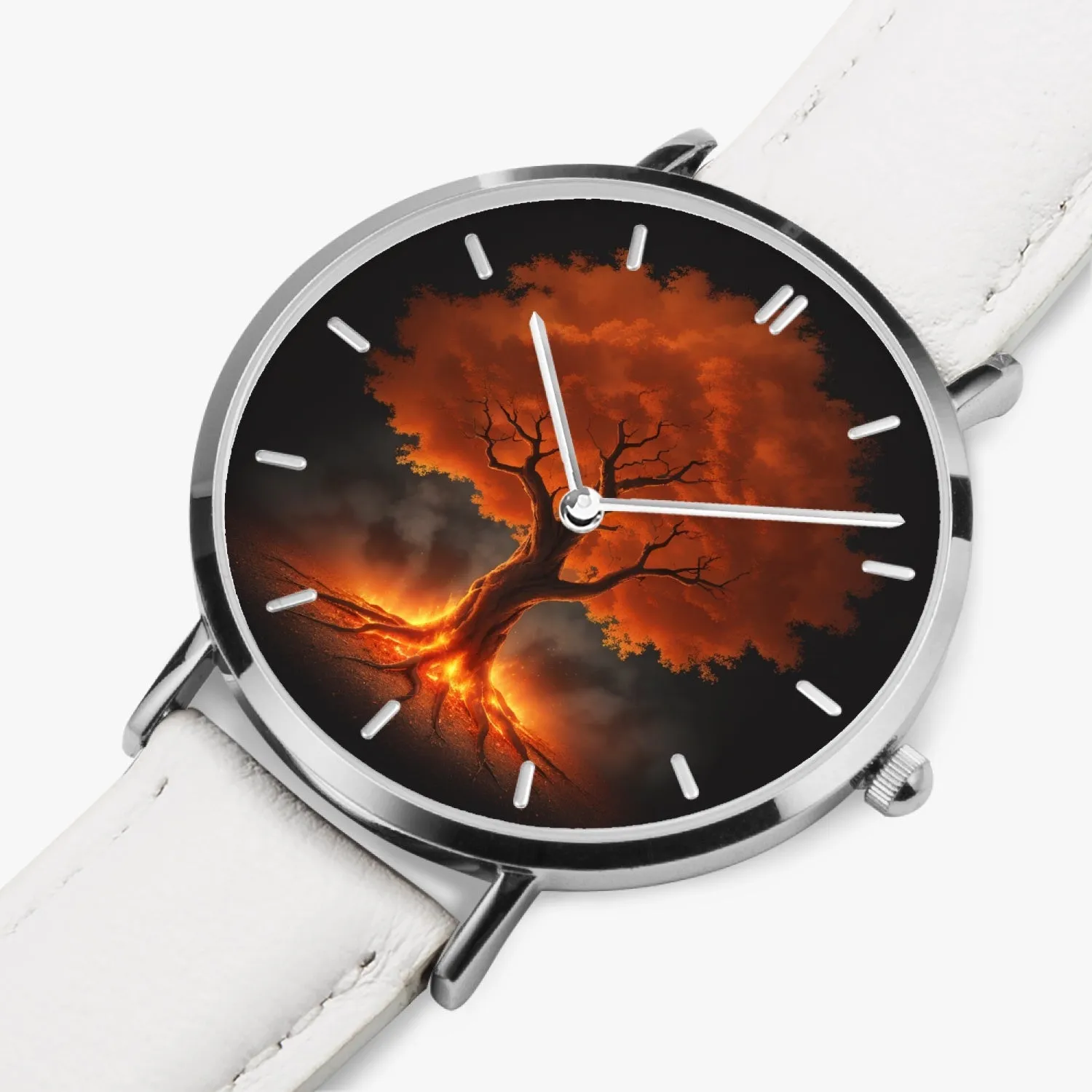 Montre à quartz avec bracelet en cuir ultra-fin (argent avec indicateurs) "Arbre rouge" (165)