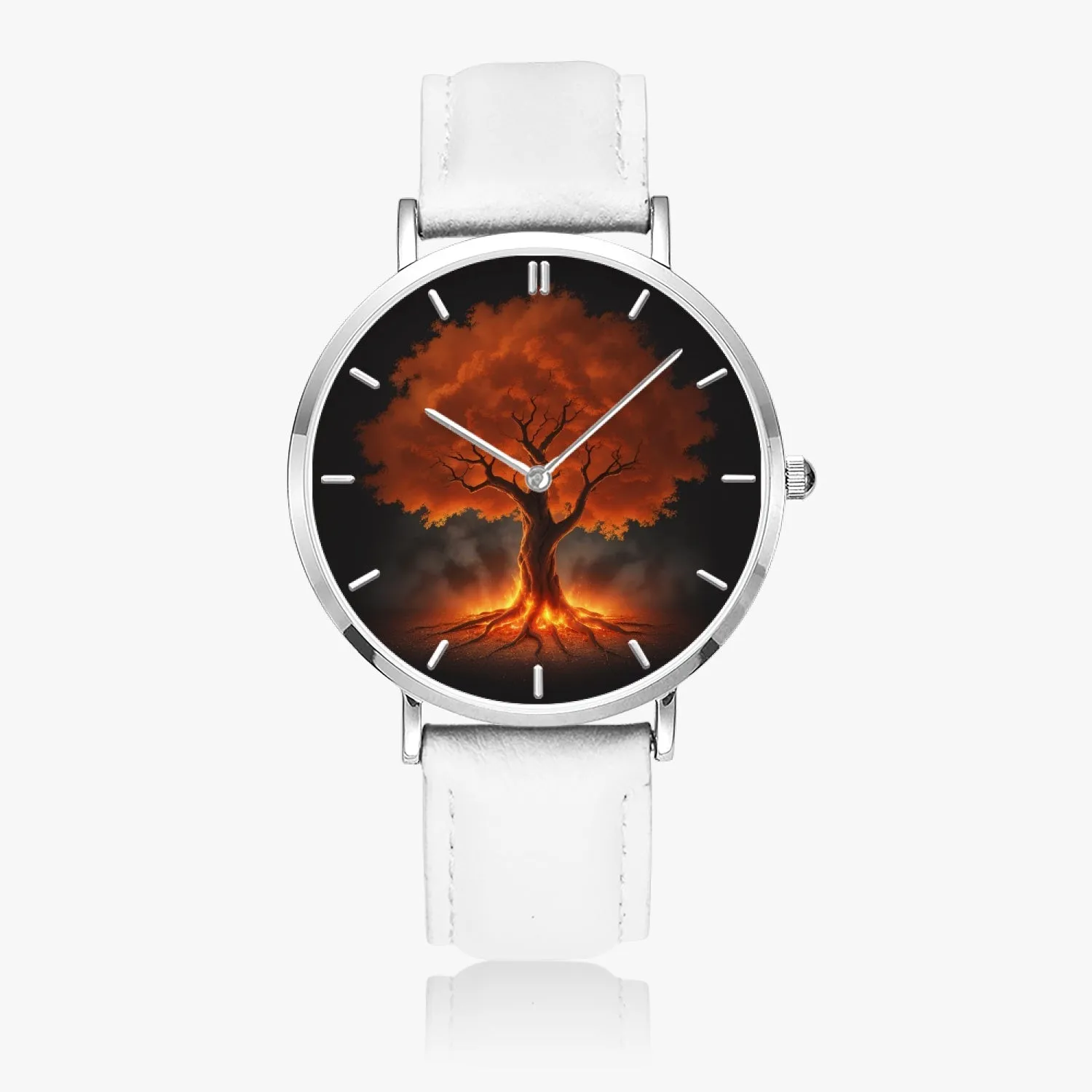 Montre à quartz avec bracelet en cuir ultra-fin (argent avec indicateurs) "Arbre rouge" (165)