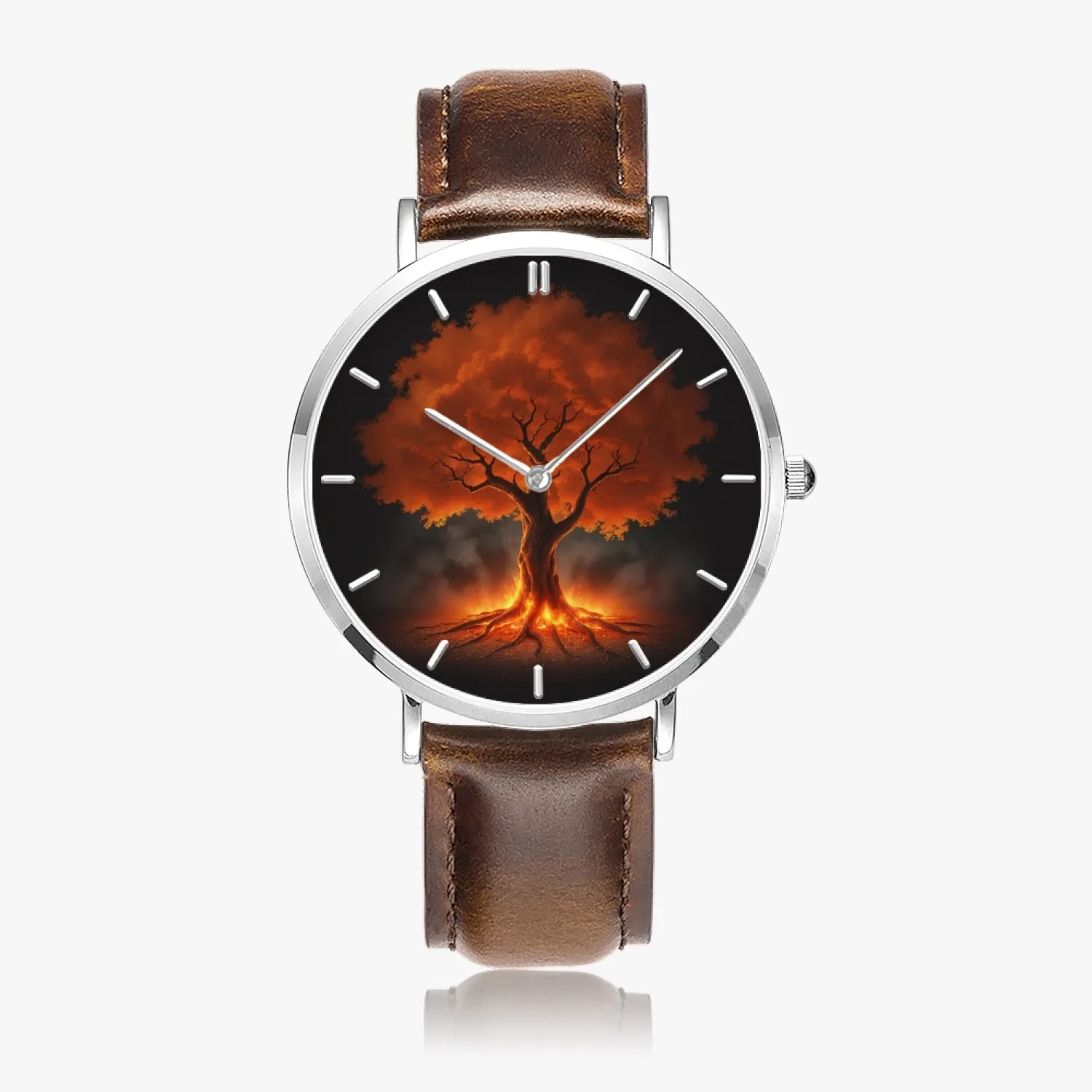 Montre à quartz avec bracelet en cuir ultra-fin (argent avec indicateurs) "Arbre rouge" (165)