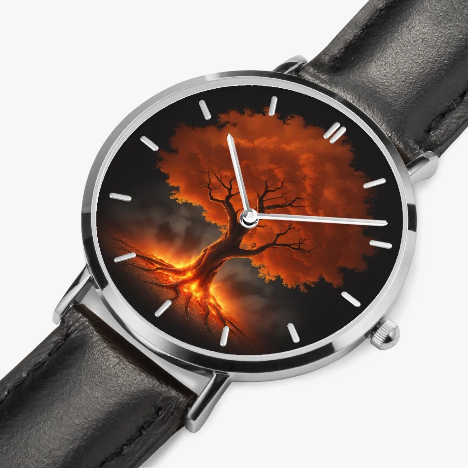 Montre à quartz avec bracelet en cuir ultra-fin (argent avec indicateurs) "Arbre rouge" (165)