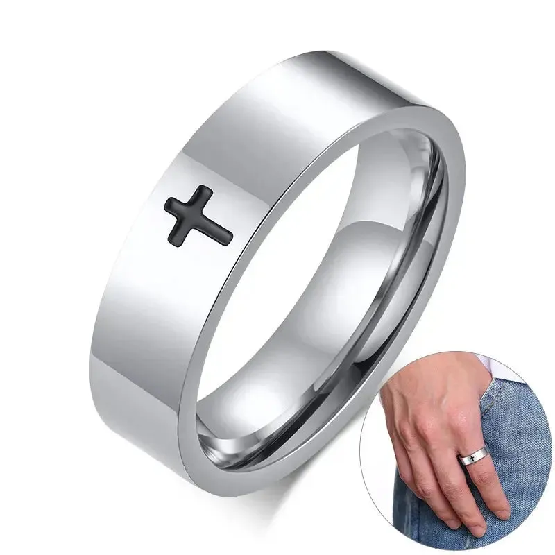 MOREDEAR6mm Stainless Steel Cross Ring Christian Jesus Christ Lord Prayer for Men and Women