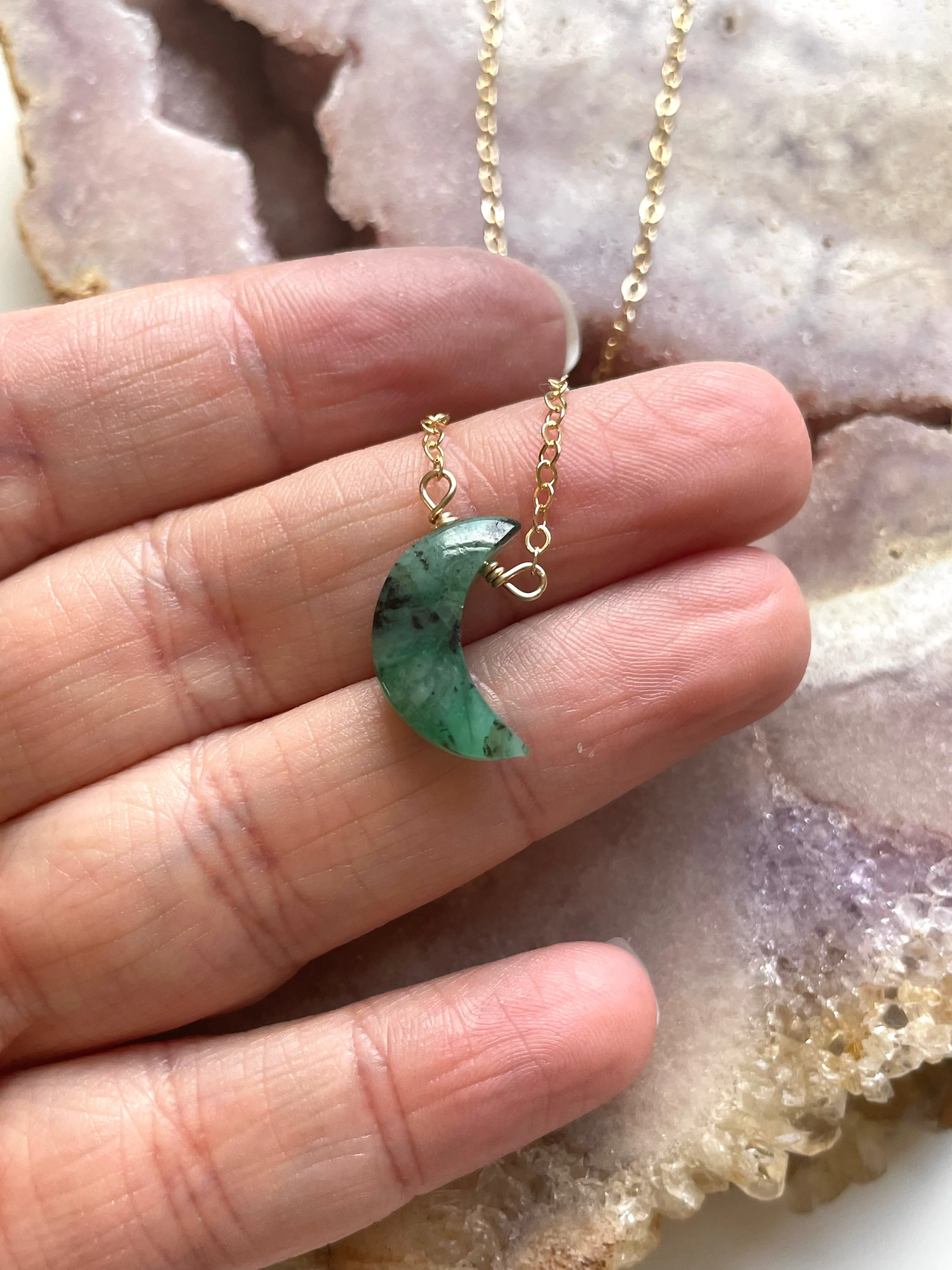 Natural Emerald Crystal Necklace Crescent Moon