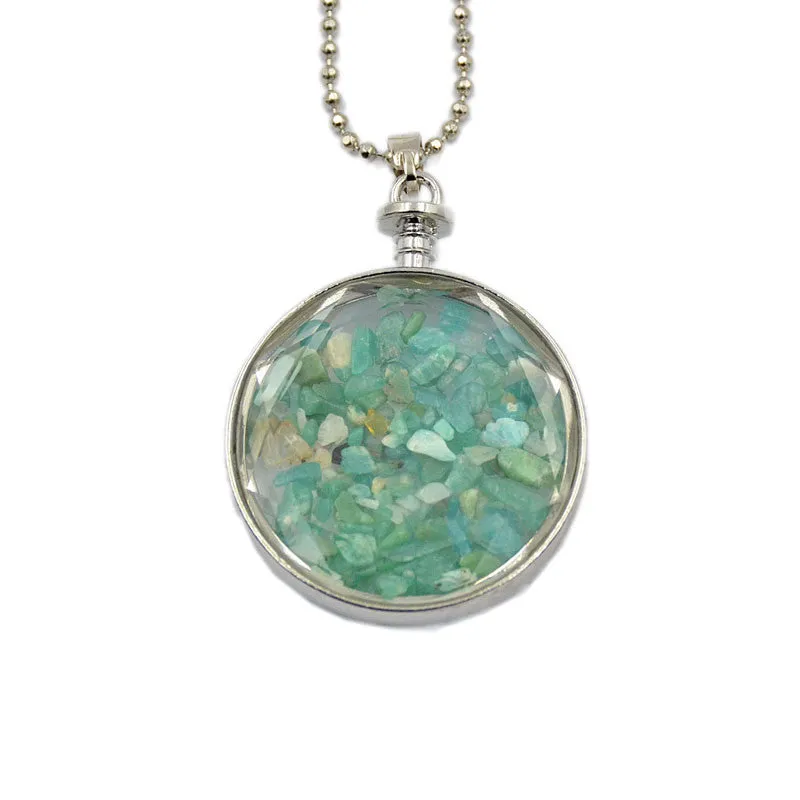 Natural Gemstone Chips Reiki Healing Point Round Pendant Necklace Silver Plated 40mm