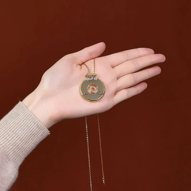 Natural Hetian Jade Temple Moon Stars Pendant Necklace