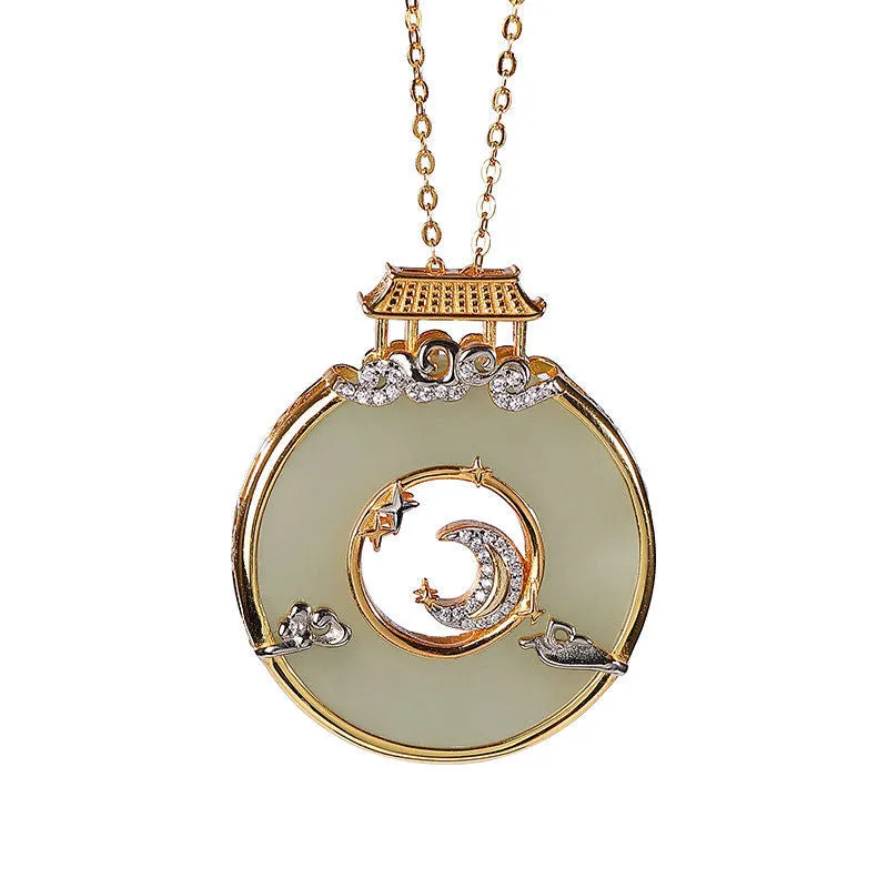 Natural Hetian Jade Temple Moon Stars Pendant Necklace