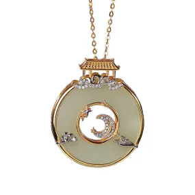 Natural Hetian Jade Temple Moon Stars Pendant Necklace