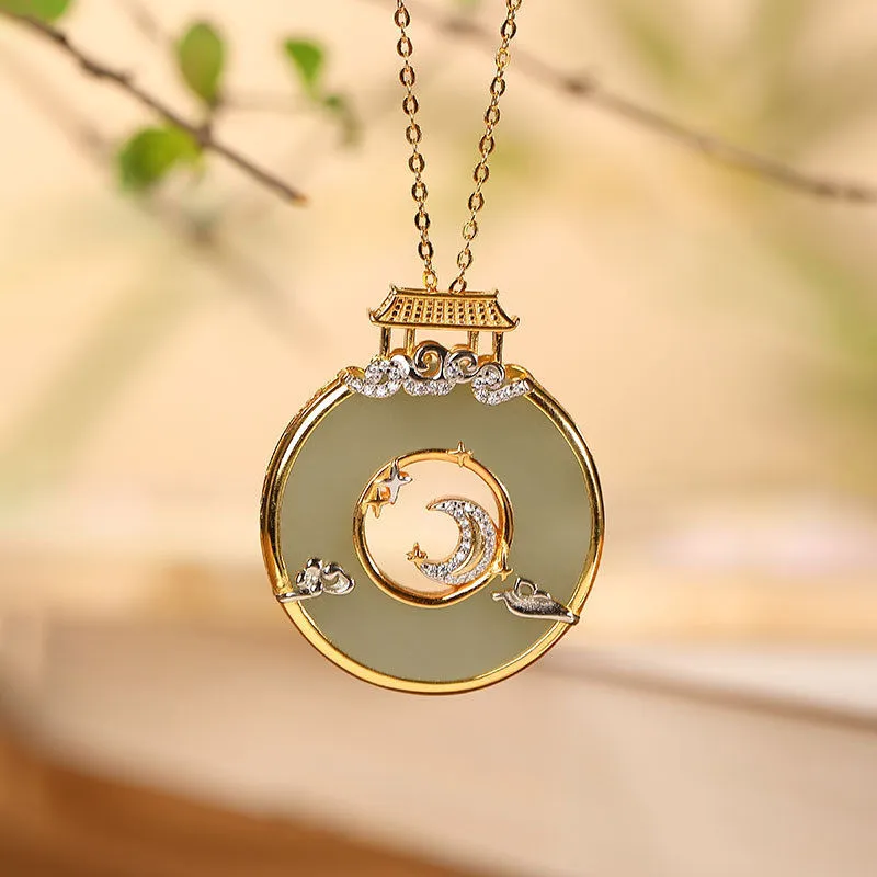 Natural Hetian Jade Temple Moon Stars Pendant Necklace