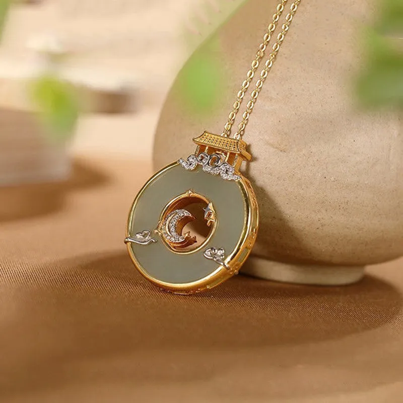 Natural Hetian Jade Temple Moon Stars Pendant Necklace