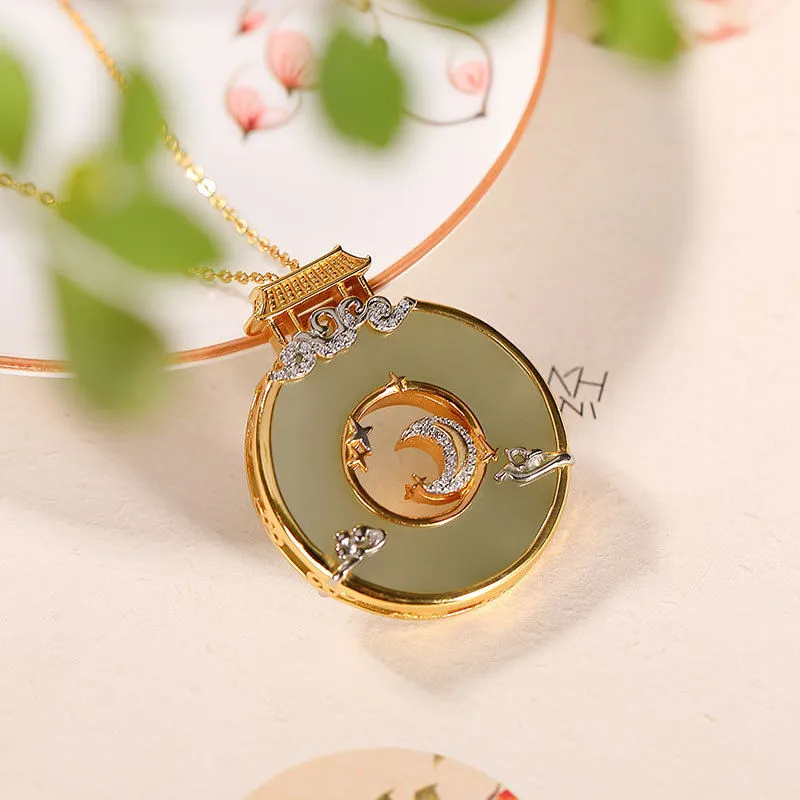 Natural Hetian Jade Temple Moon Stars Pendant Necklace