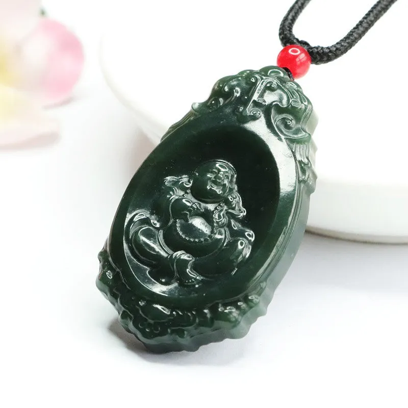 Natural Hotan Jade Jade Pendant Dark Green Oval Buddha Pendant Jewelry