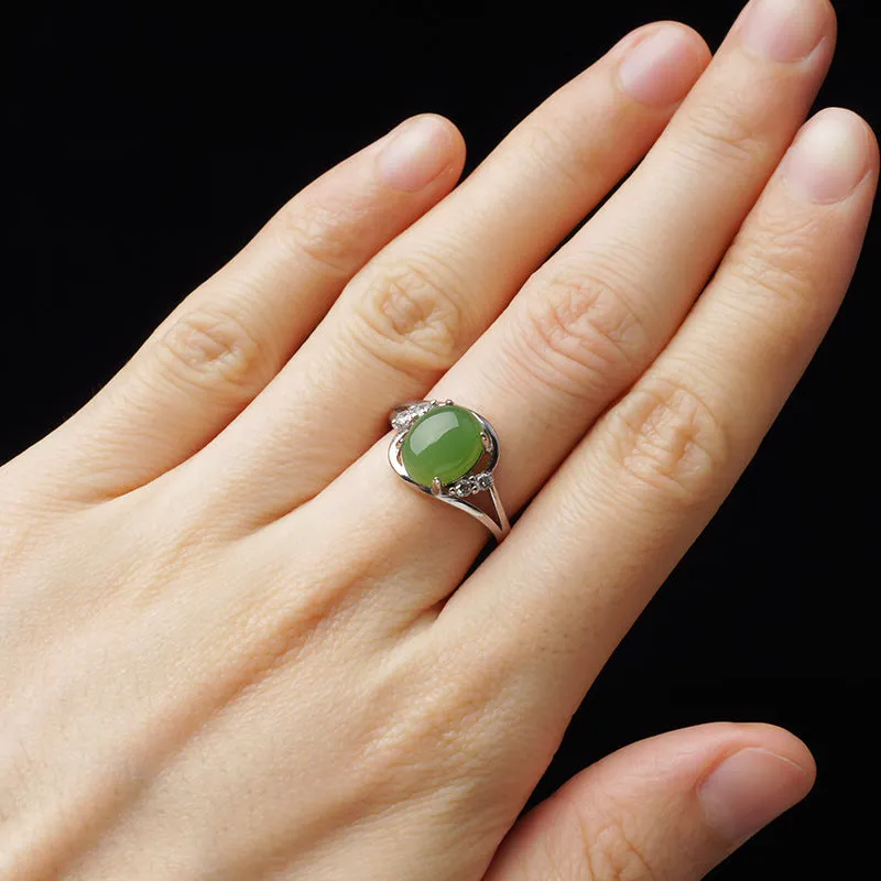 Natural Jade Ring Nephrite Silver Zircon Adjustable Ring ZNRG101