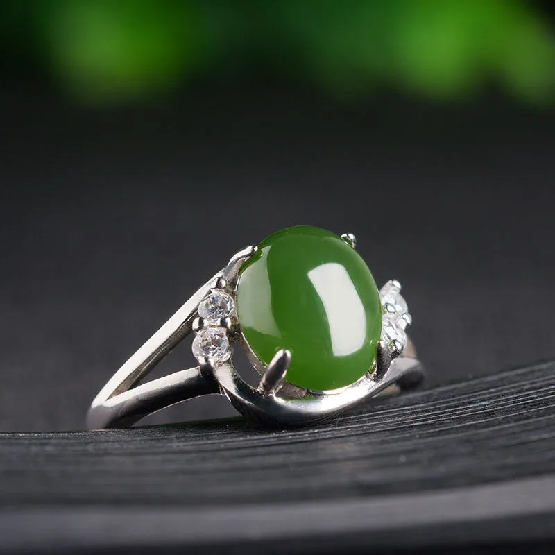 Natural Jade Ring Nephrite Silver Zircon Adjustable Ring ZNRG101