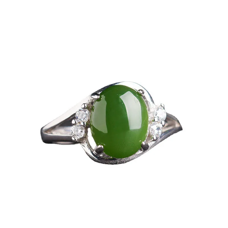 Natural Jade Ring Nephrite Silver Zircon Adjustable Ring ZNRG101