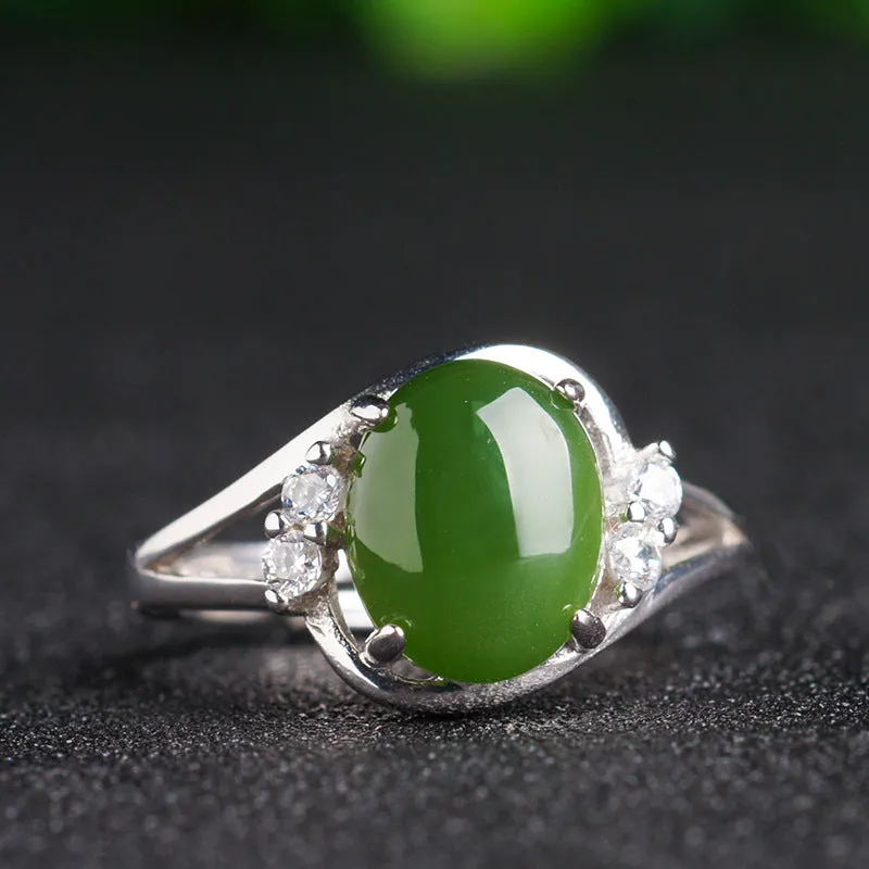 Natural Jade Ring Nephrite Silver Zircon Adjustable Ring ZNRG101