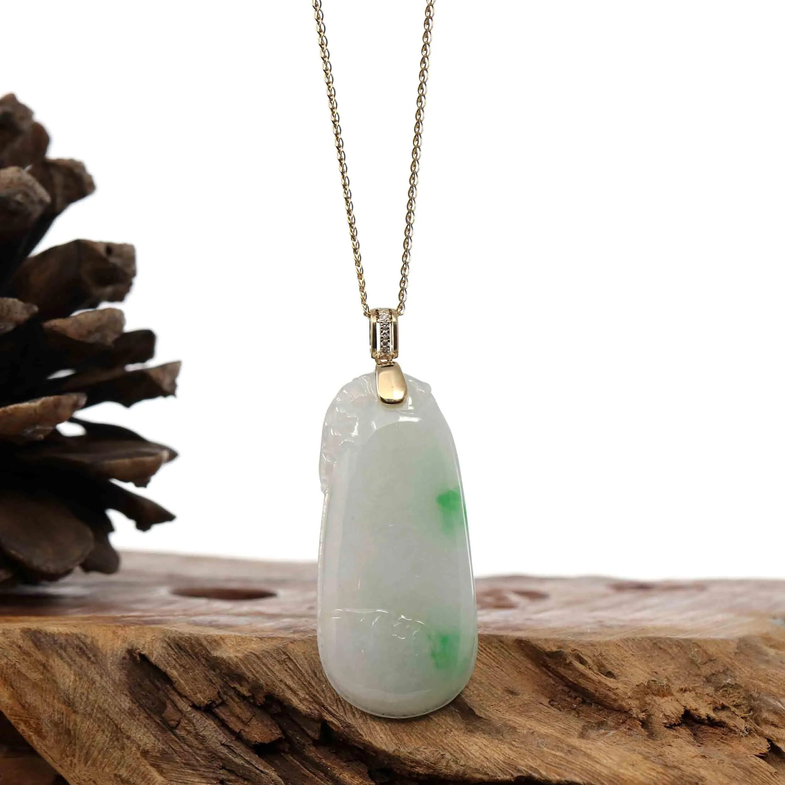 Natural Jadeite "Longevity Peach" ShouTao Necklace With 14k Yellow Gold Diamond Bail