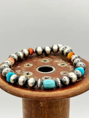 Navajo Pearl Stretch Bracelet with Turquoise and Spiny Oyster