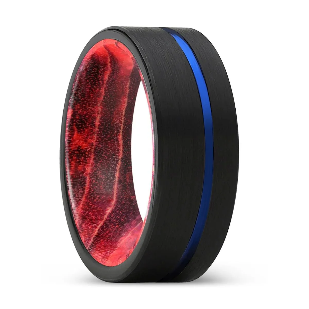 NEFARIOUS | Black & Red Wood, Black Tungsten Ring, Blue Offset Groove, Flat