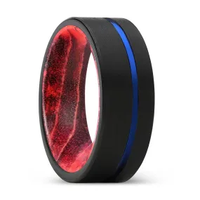 NEFARIOUS | Black & Red Wood, Black Tungsten Ring, Blue Offset Groove, Flat