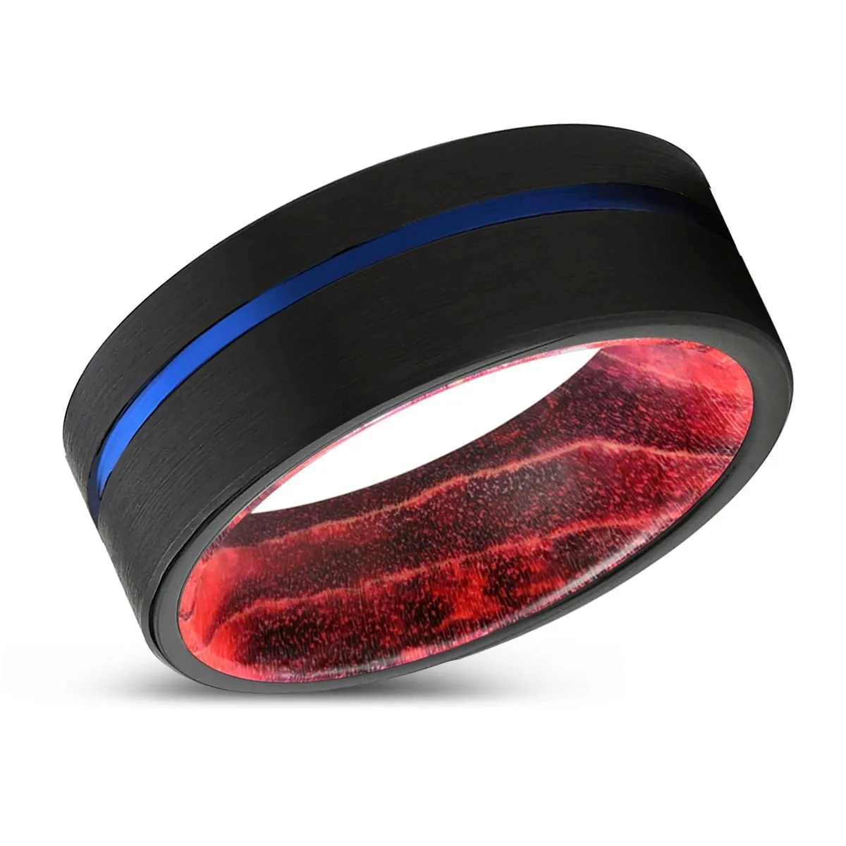 NEFARIOUS | Black & Red Wood, Black Tungsten Ring, Blue Offset Groove, Flat