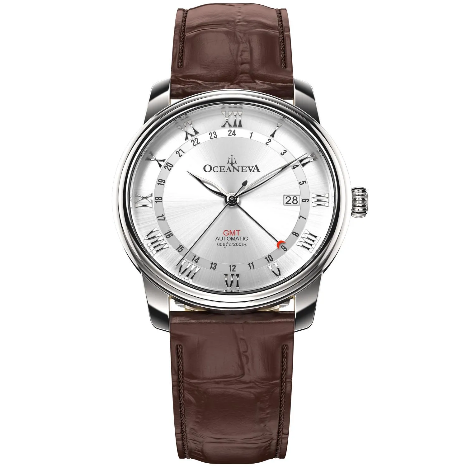 Oceaneva Men's OceanTrek GMT Automatic 200m Leather Silver Watch