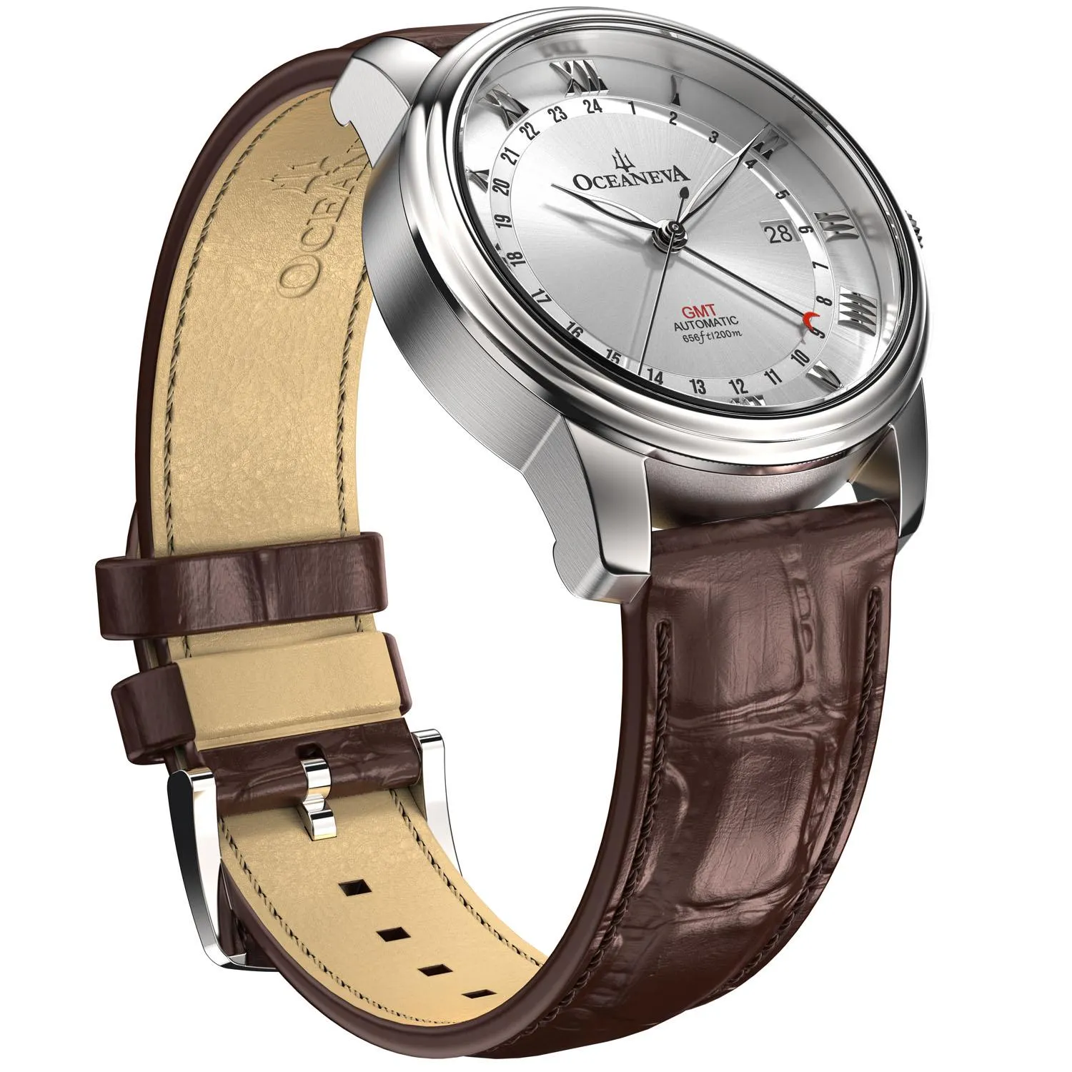 Oceaneva Men's OceanTrek GMT Automatic 200m Leather Silver Watch
