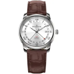 Oceaneva Men's OceanTrek GMT Automatic 200m Leather Silver Watch