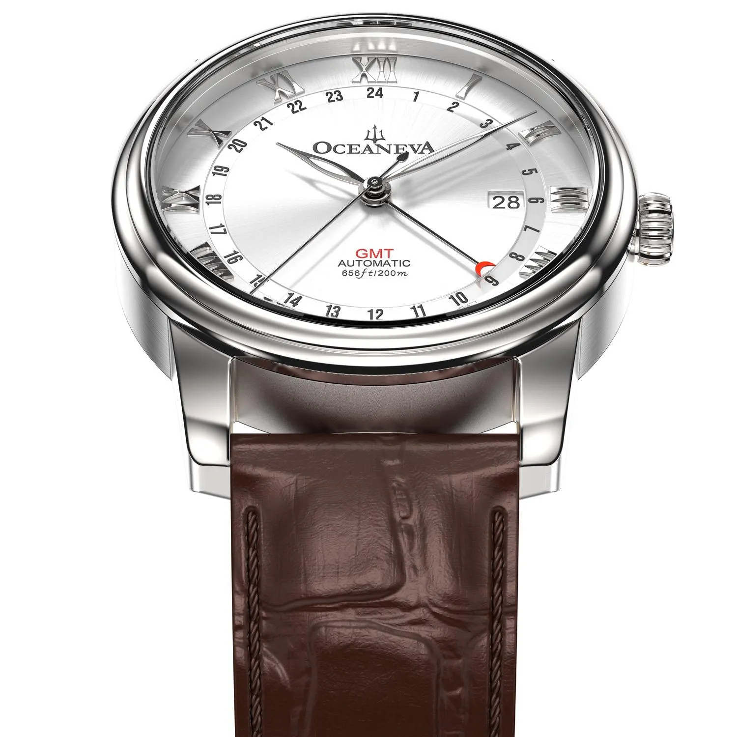 Oceaneva Men's OceanTrek GMT Automatic 200m Leather Silver Watch