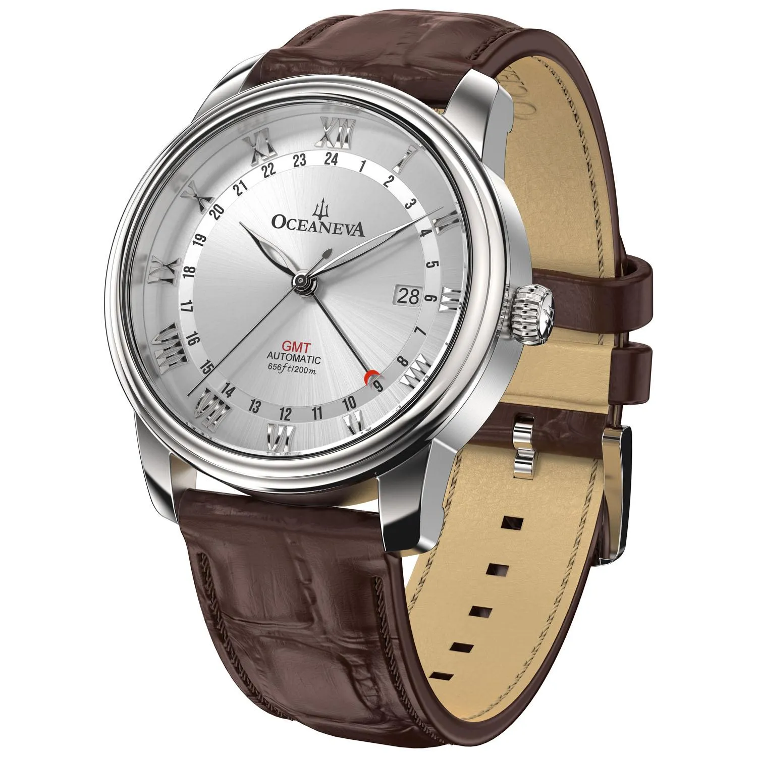 Oceaneva Men's OceanTrek GMT Automatic 200m Leather Silver Watch