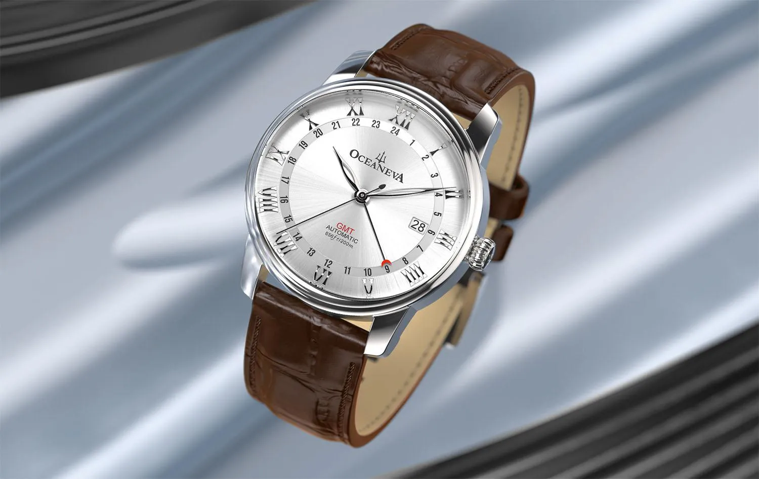 Oceaneva Men's OceanTrek GMT Automatic 200m Leather Silver Watch