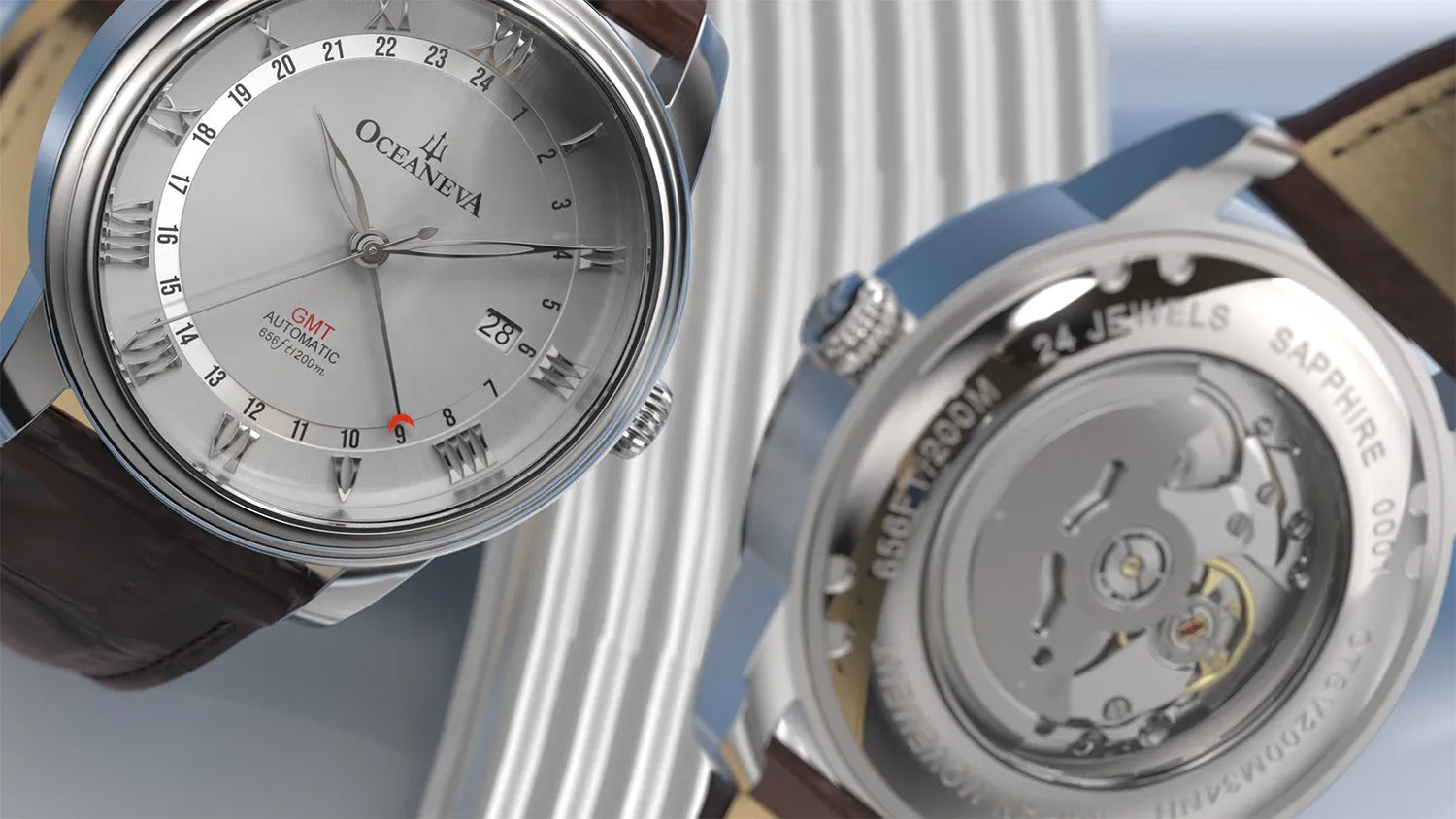 Oceaneva Men's OceanTrek GMT Automatic 200m Leather Silver Watch