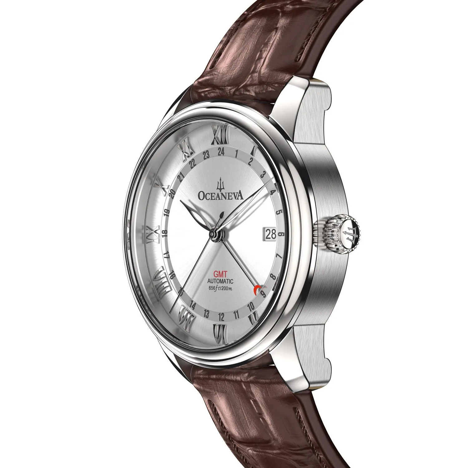 Oceaneva Men's OceanTrek GMT Automatic 200m Leather Silver Watch
