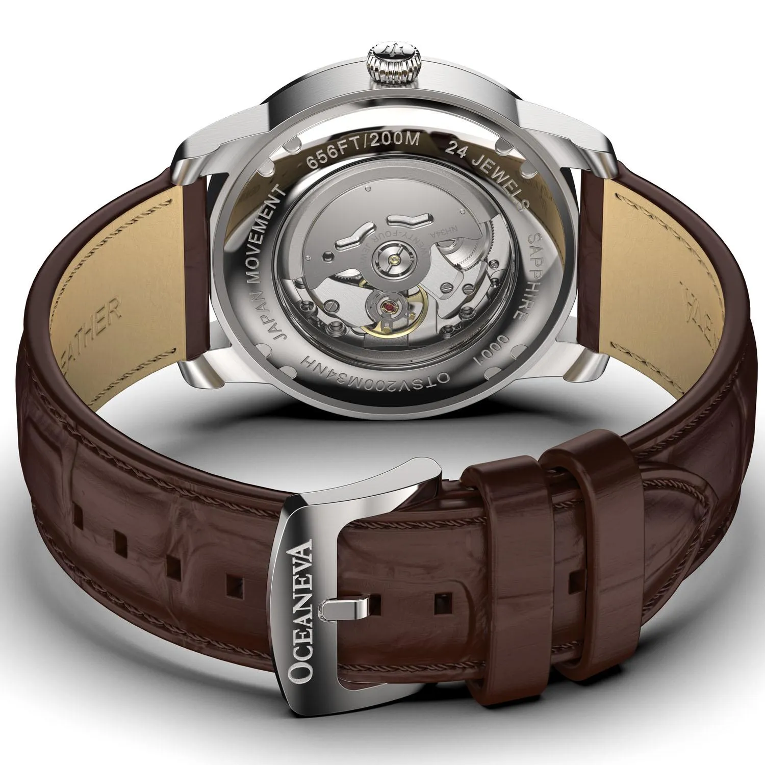 Oceaneva Men's OceanTrek GMT Automatic 200m Leather Silver Watch