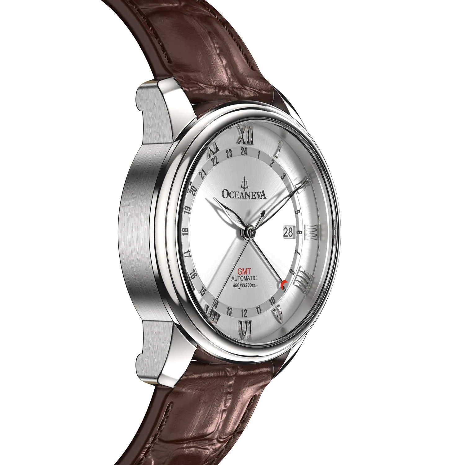 Oceaneva Men's OceanTrek GMT Automatic 200m Leather Silver Watch