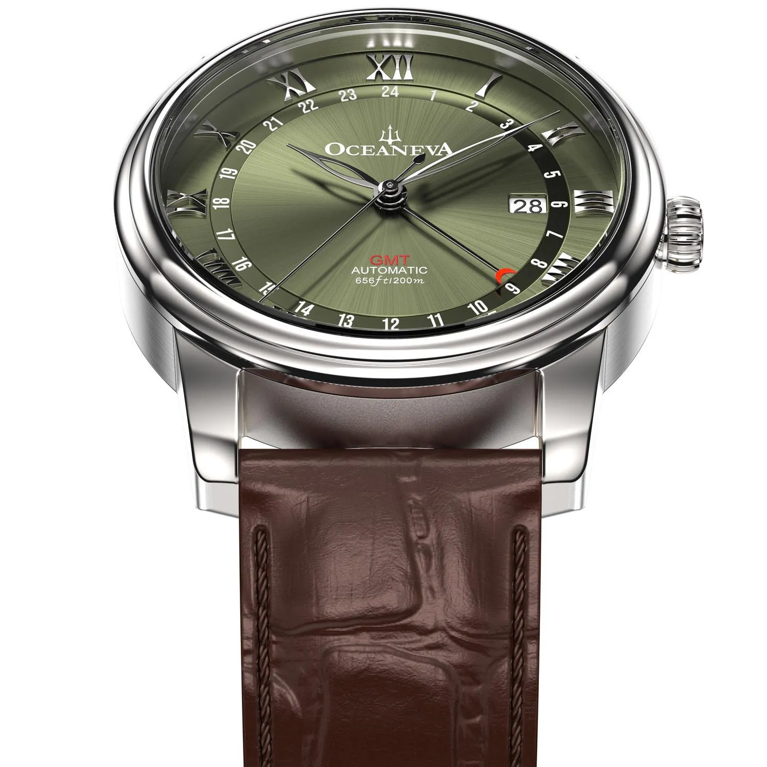 Oceaneva Men's OceanTrek GMT Automatic 200m Leather Watch Olive Drab