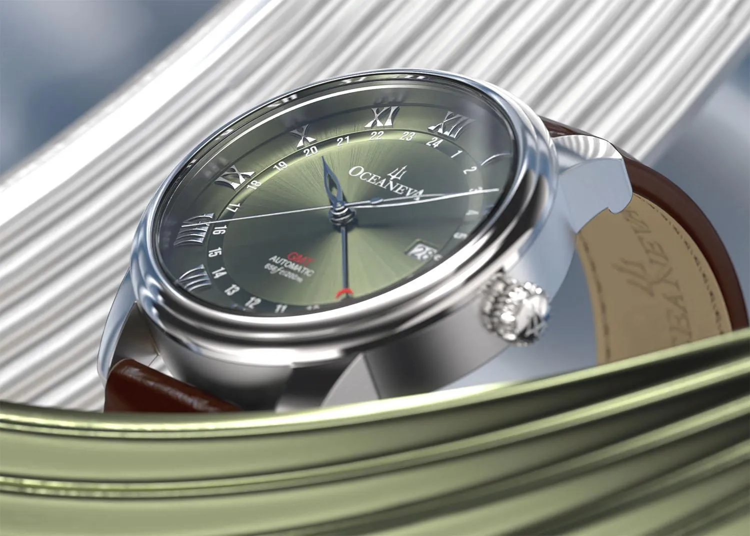 Oceaneva Men's OceanTrek GMT Automatic 200m Leather Watch Olive Drab