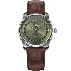 Oceaneva Men's OceanTrek GMT Automatic 200m Leather Watch Olive Drab