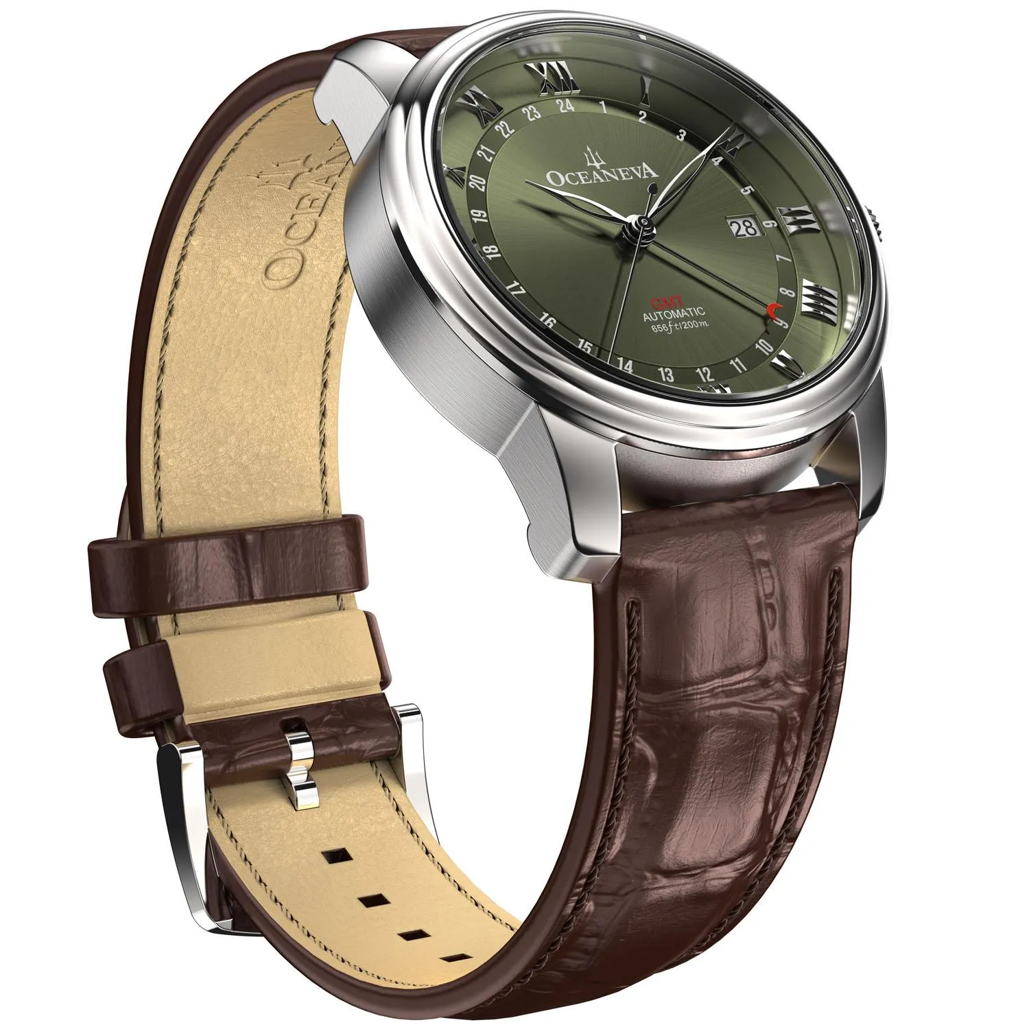 Oceaneva Men's OceanTrek GMT Automatic 200m Leather Watch Olive Drab