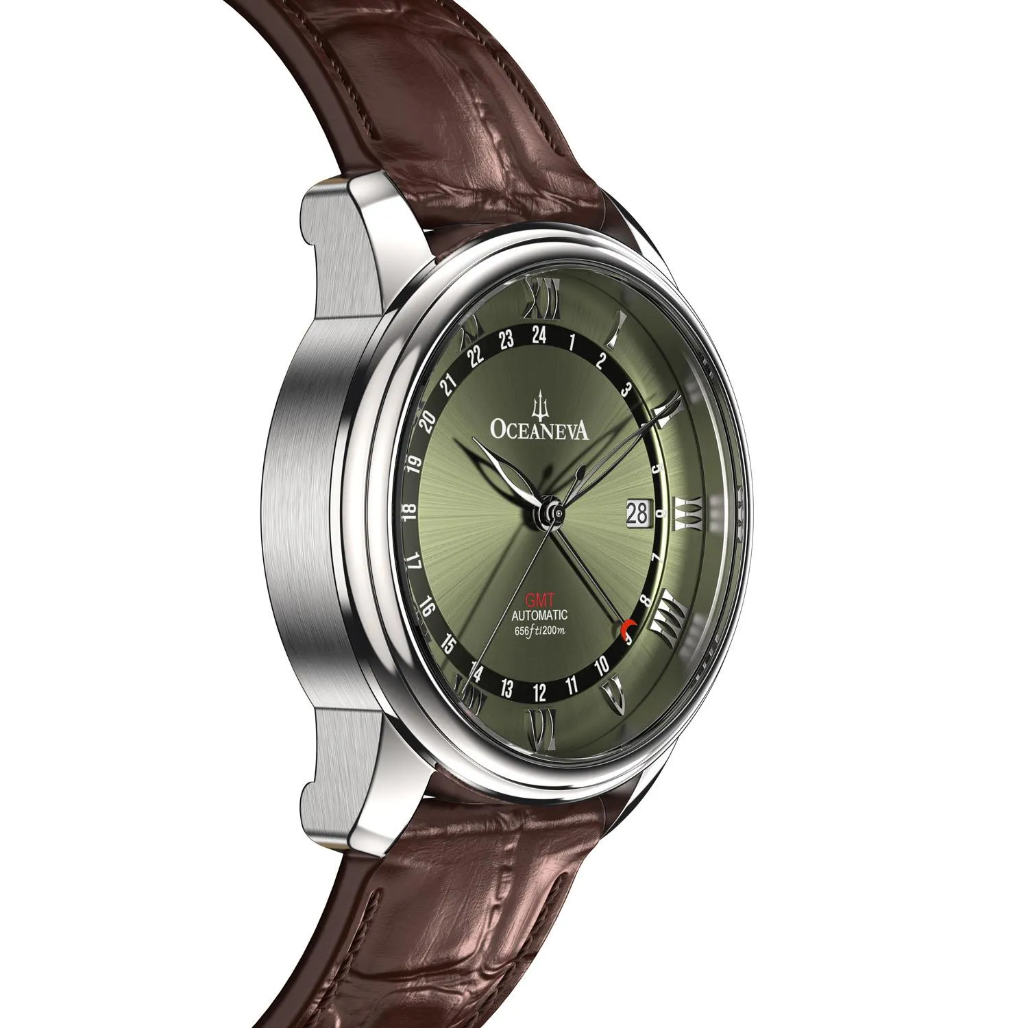 Oceaneva Men's OceanTrek GMT Automatic 200m Leather Watch Olive Drab