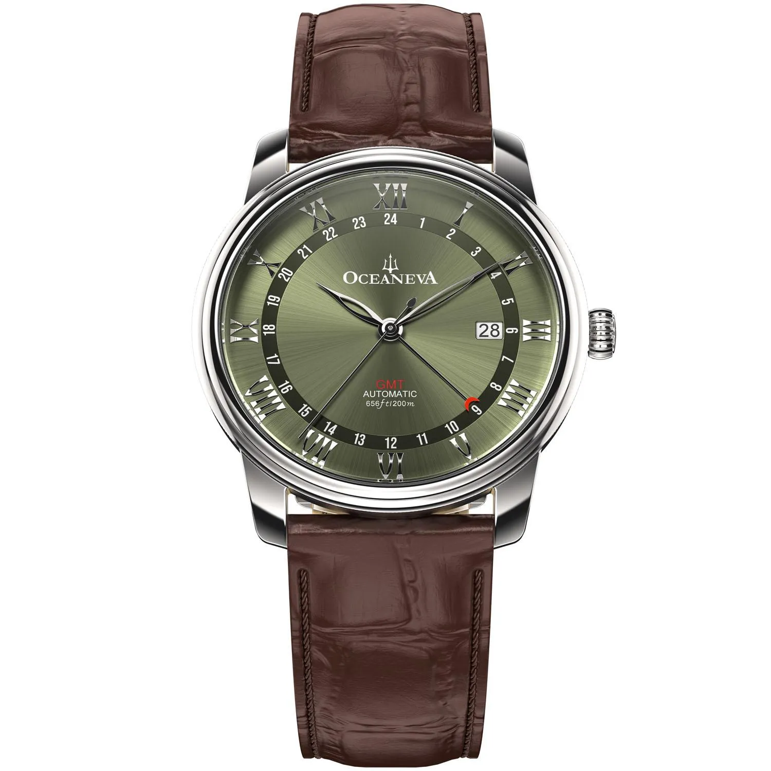 Oceaneva Men's OceanTrek GMT Automatic 200m Leather Watch Olive Drab