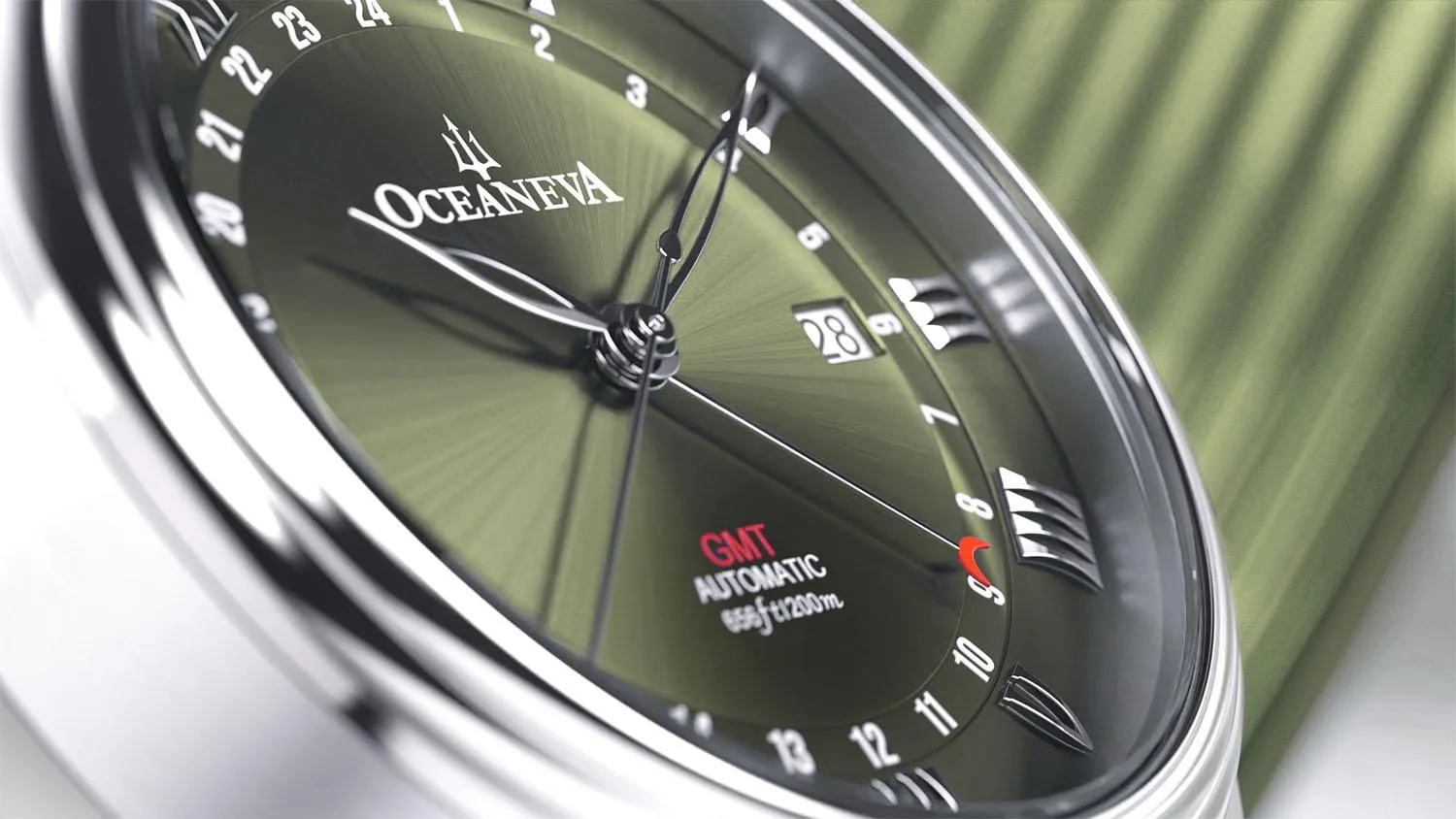 Oceaneva Men's OceanTrek GMT Automatic 200m Leather Watch Olive Drab