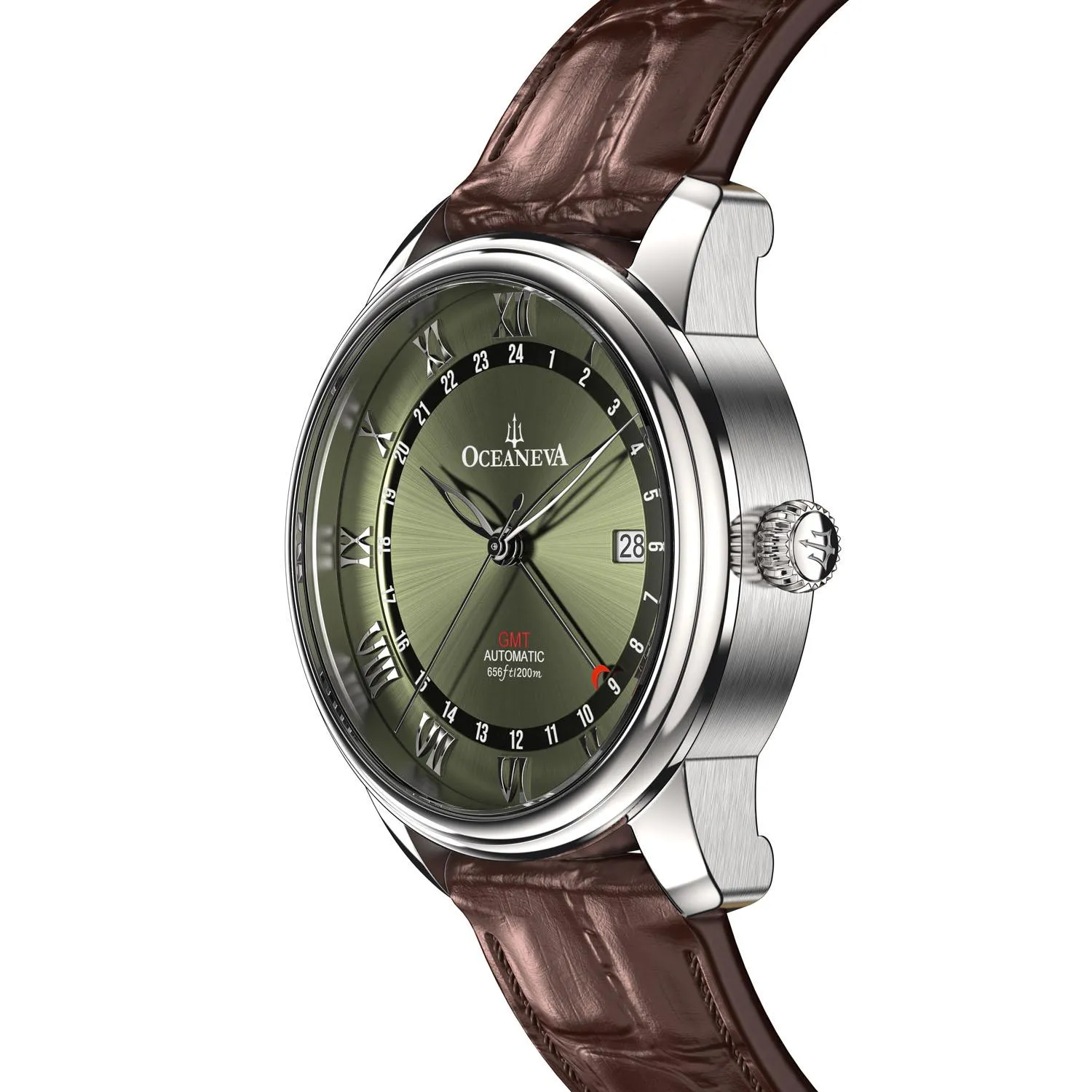 Oceaneva Men's OceanTrek GMT Automatic 200m Leather Watch Olive Drab
