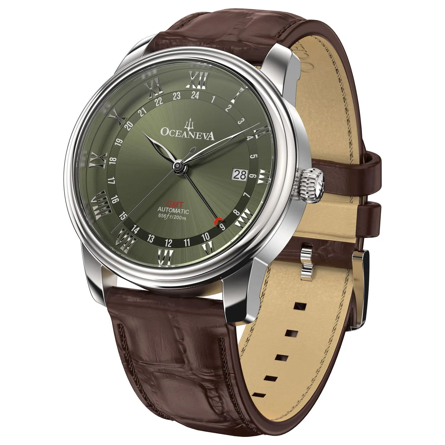 Oceaneva Men's OceanTrek GMT Automatic 200m Leather Watch Olive Drab