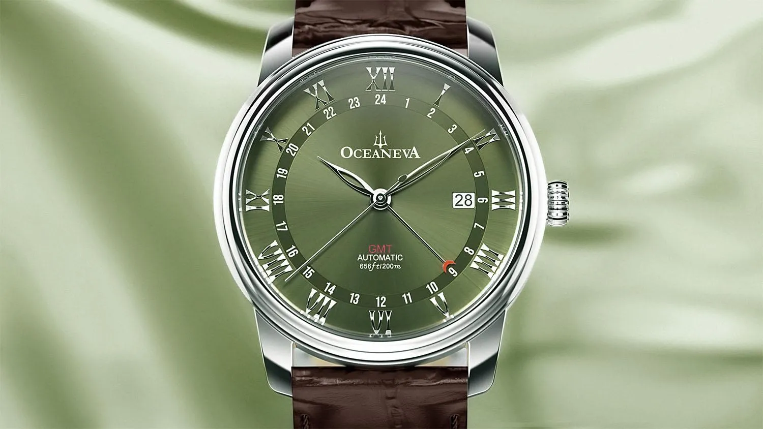 Oceaneva Men's OceanTrek GMT Automatic 200m Leather Watch Olive Drab