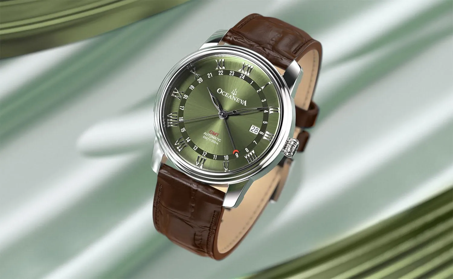 Oceaneva Men's OceanTrek GMT Automatic 200m Leather Watch Olive Drab