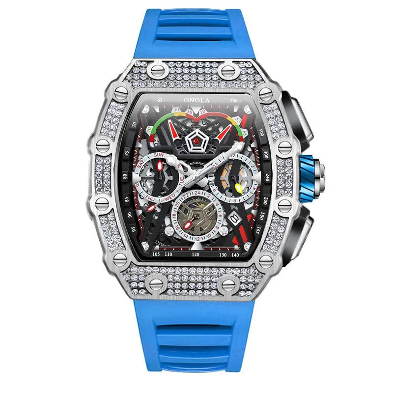 ONOLA 43mm Luxury Diamond Skeleton Watch Barrel Shaped