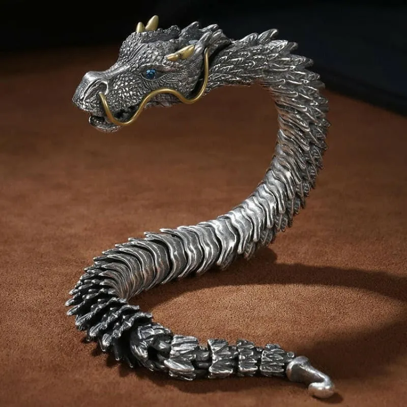 Ornate Silver Plated Mens Retro Dragon Bracelet with Golden Accents