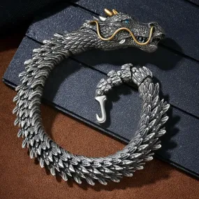 Ornate Silver Plated Mens Retro Dragon Bracelet with Golden Accents